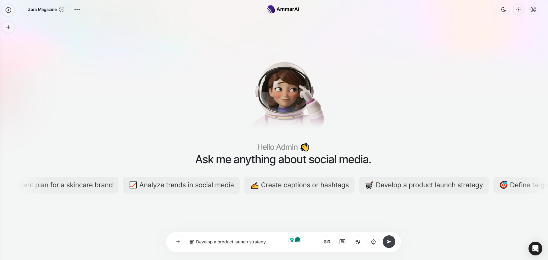 Social media chat with suggested requests such as analysing trends and creating captions
