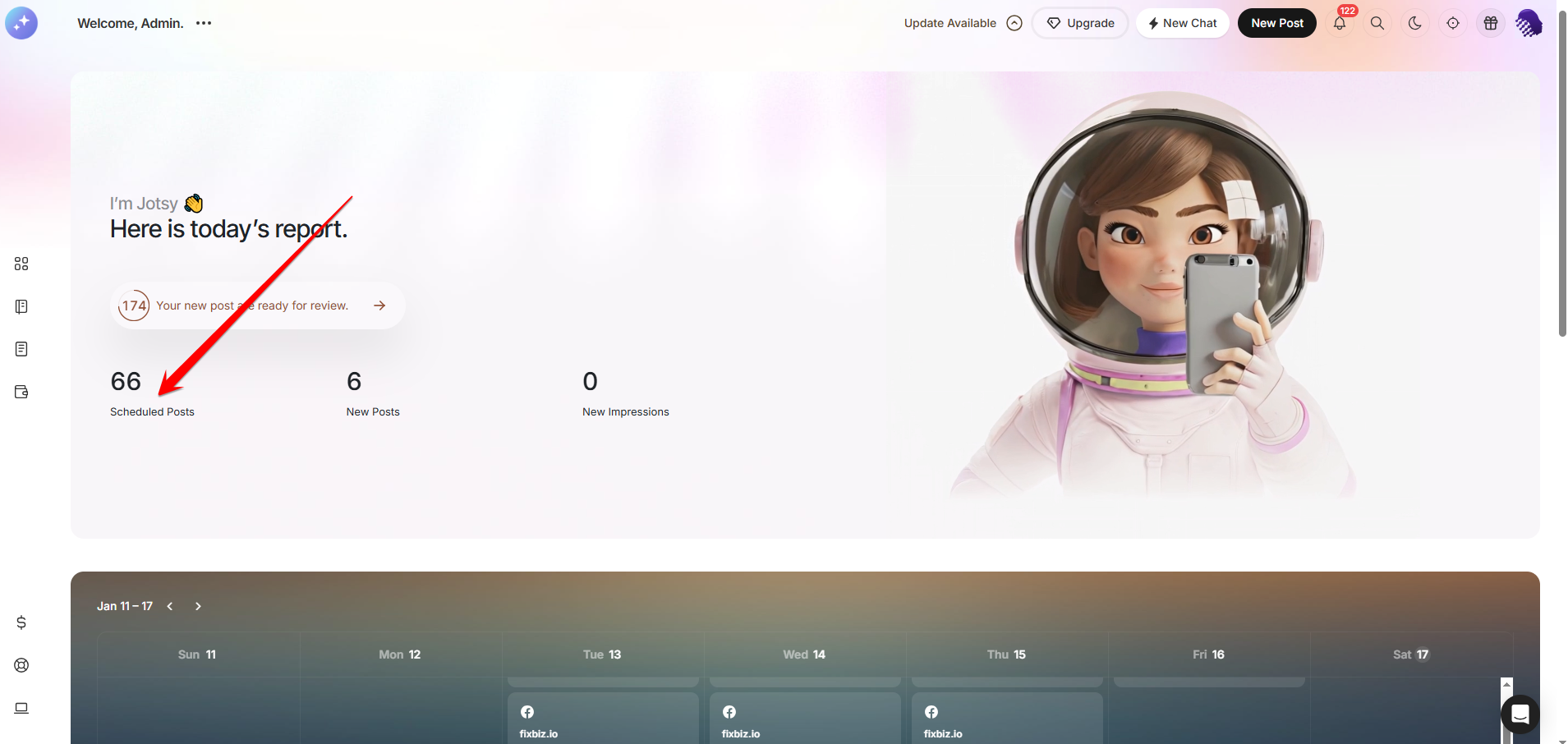 Dashboard counters showing scheduled posts, new posts and new impressions