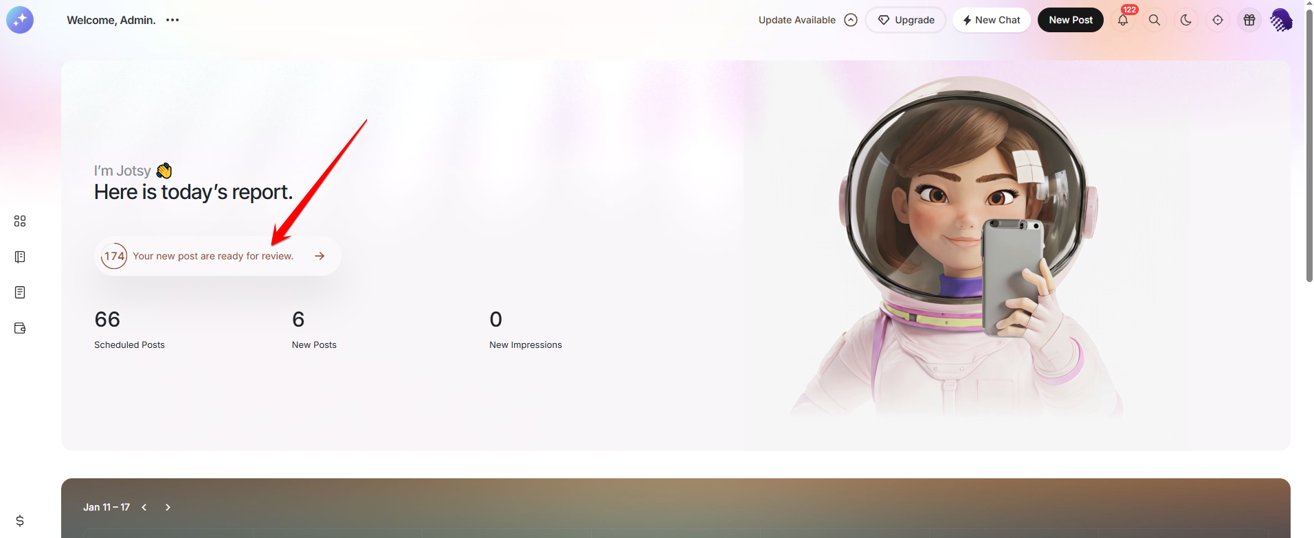 Dashboard notice linking to new posts that are ready for review