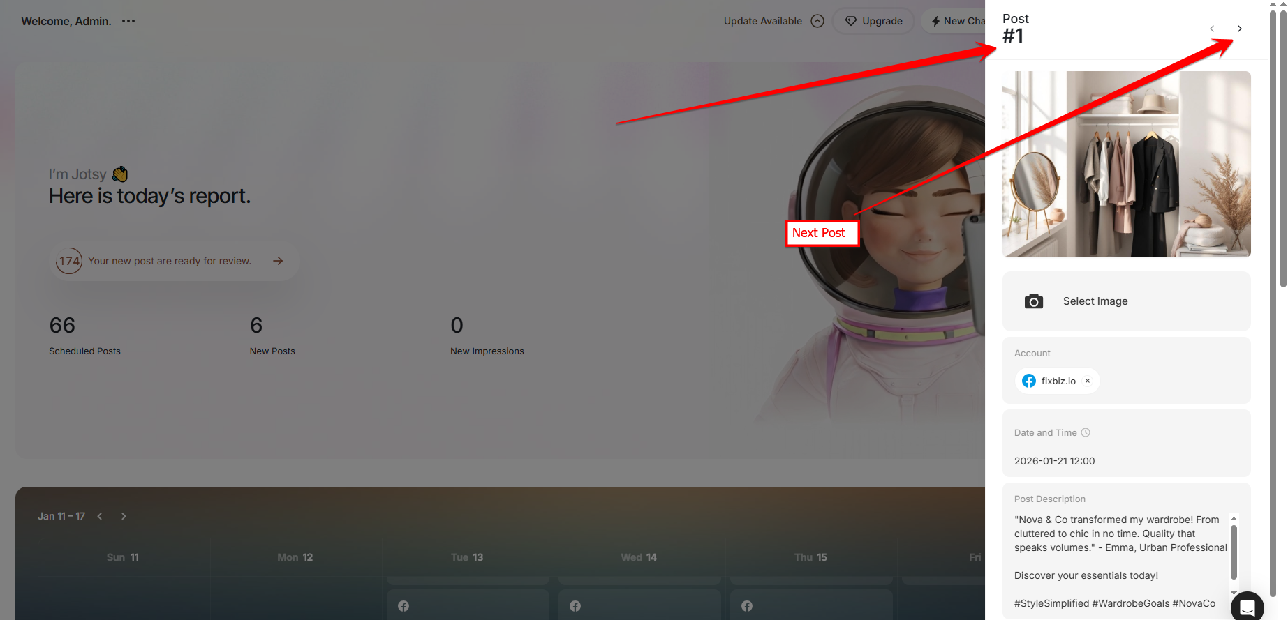 Single post review panel with image, account, date and time and caption