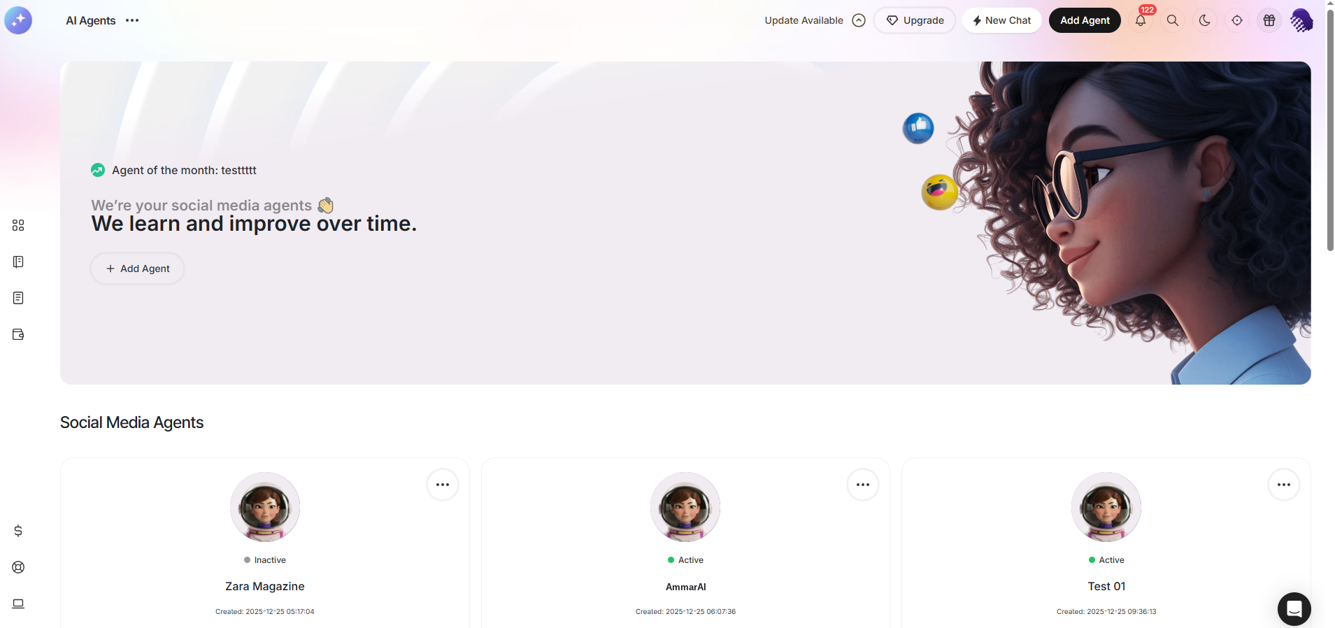 Social media agents list with agent cards and the Add Agent button