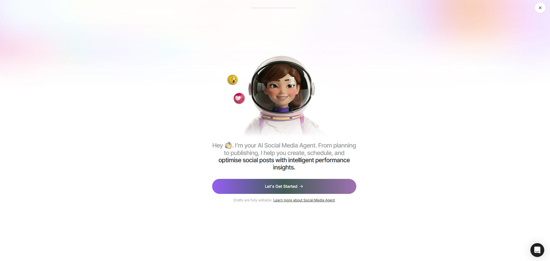 Social media agent welcome screen with a Let's Get Started button