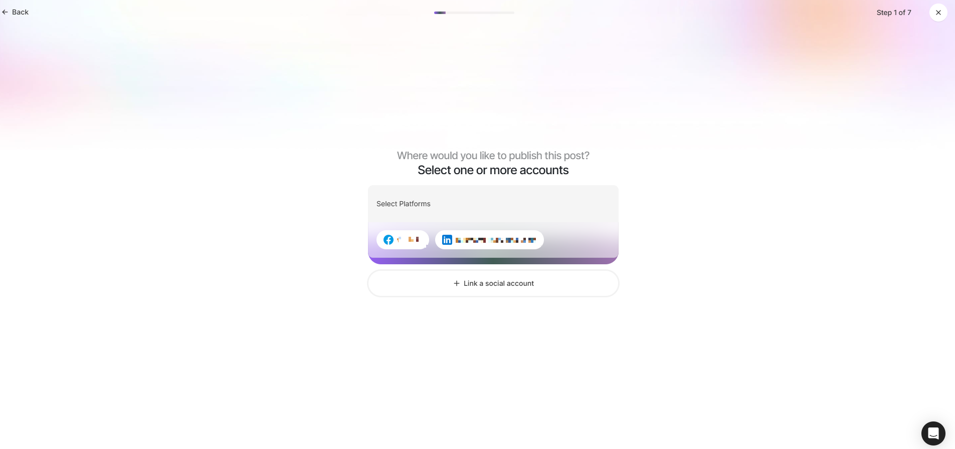 Platform selection step with connected social accounts and a link account option