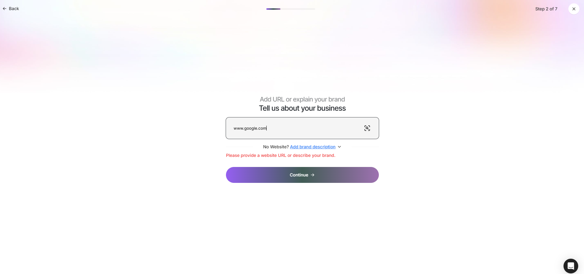 Brand step asking for a website URL or a written brand description