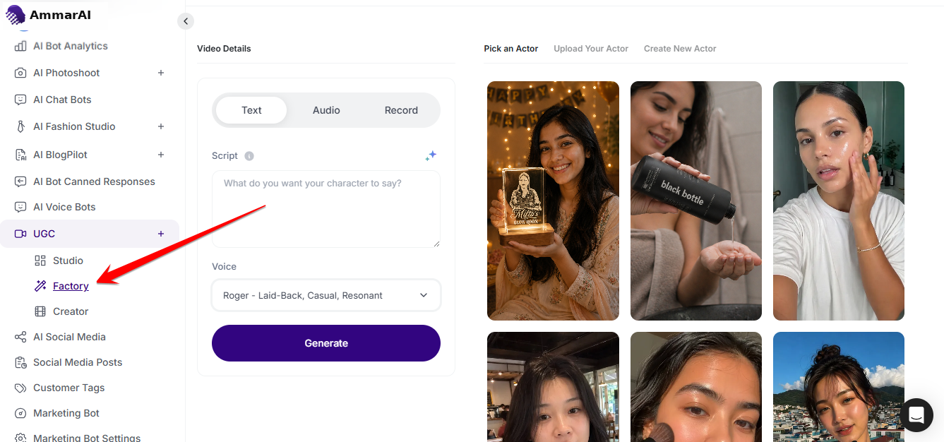 AmmarAI UGC generator workspace with script, voice, actor and scene options