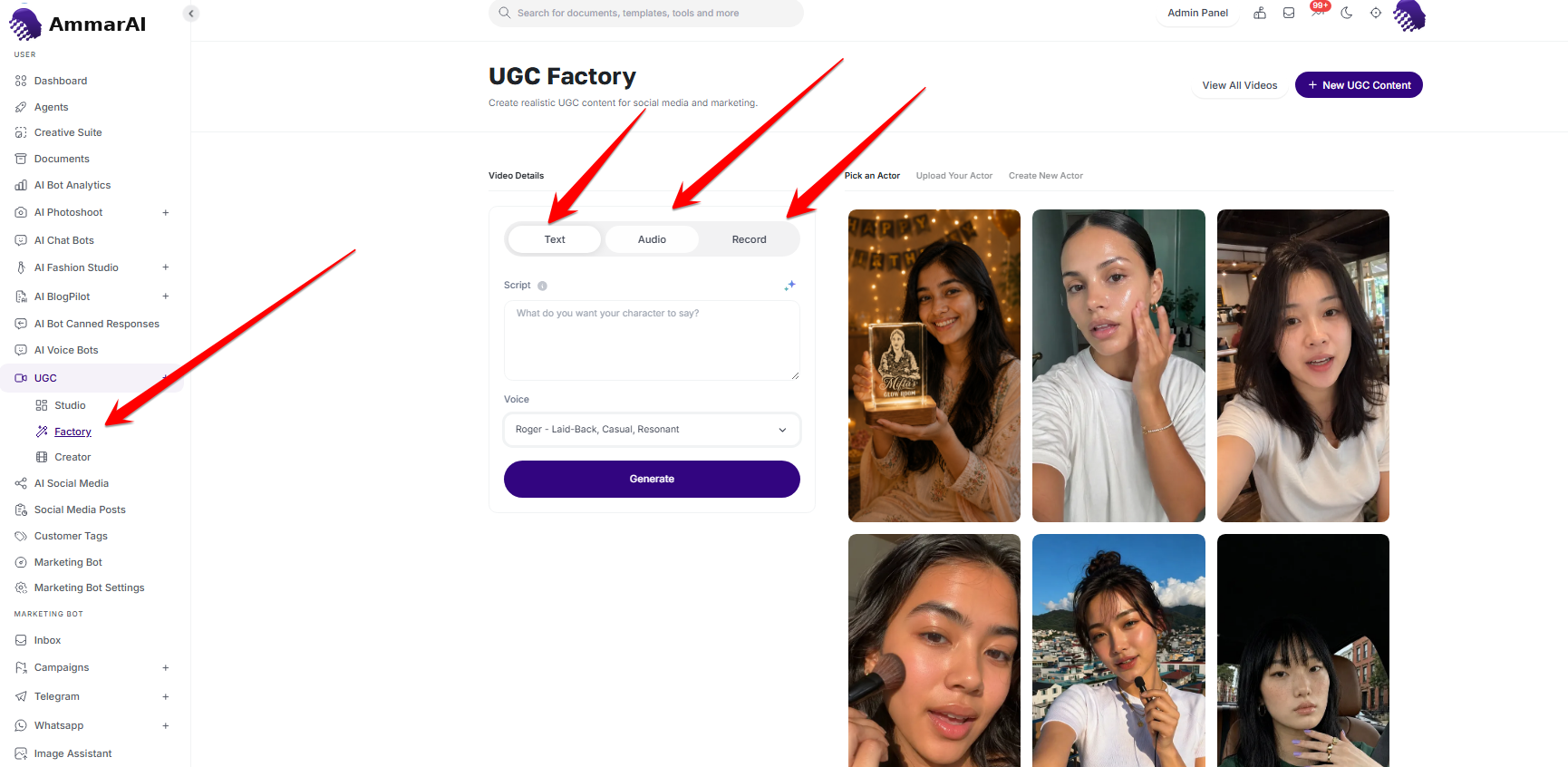 UGC generator script tabs with the voice dropdown open