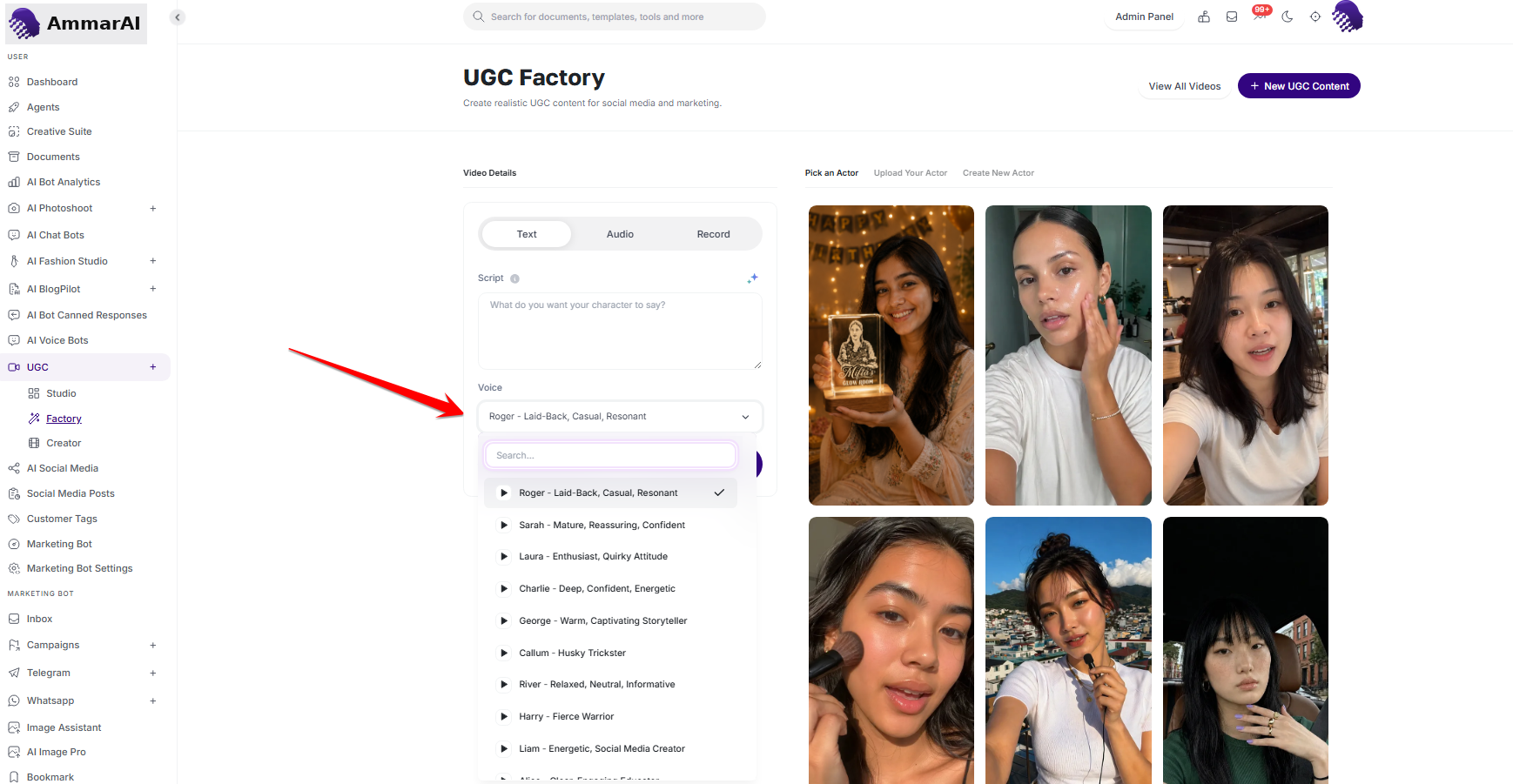 UGC generator actor panel with library, upload and create options
