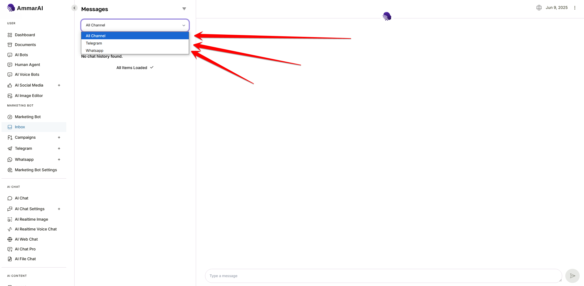 Message list with the channel selector open, showing options for all channels, Telegram and WhatsApp, with red arrows pointing at each option
