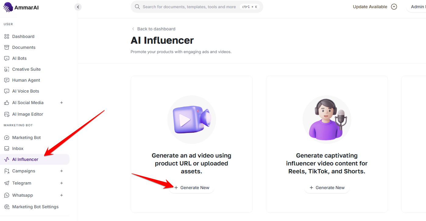 AmmarAI AI Influencer page with the Generate New option for a product ad video