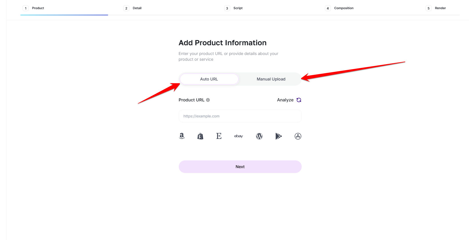 Add Product Information step with Auto URL and Manual Upload options