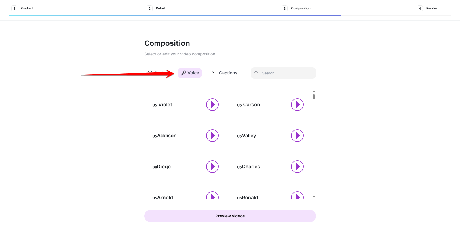 Voice tab in the composition step with previewable voices