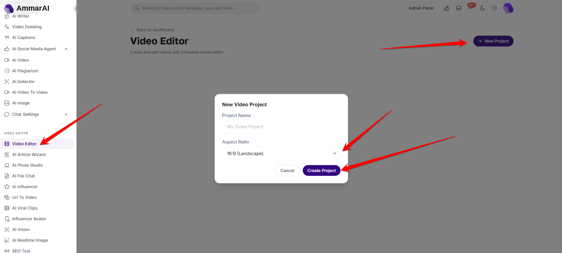 AmmarAI AI Video Editor new project dialog with project name and aspect ratio