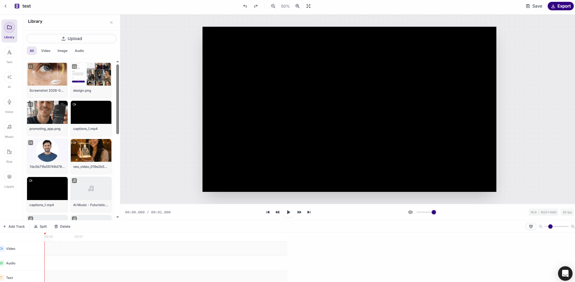 AmmarAI AI Video Editor library panel with uploaded video, image and audio files
