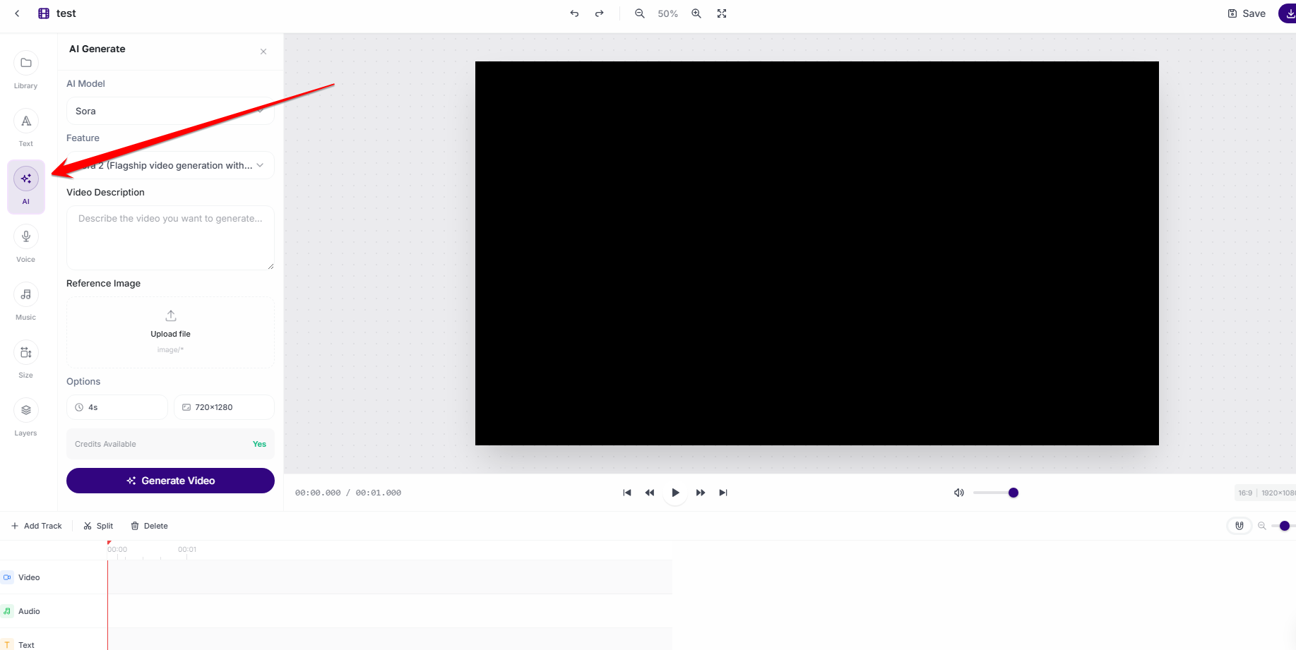 AmmarAI AI Video Editor AI generation panel with prompt and model selection
