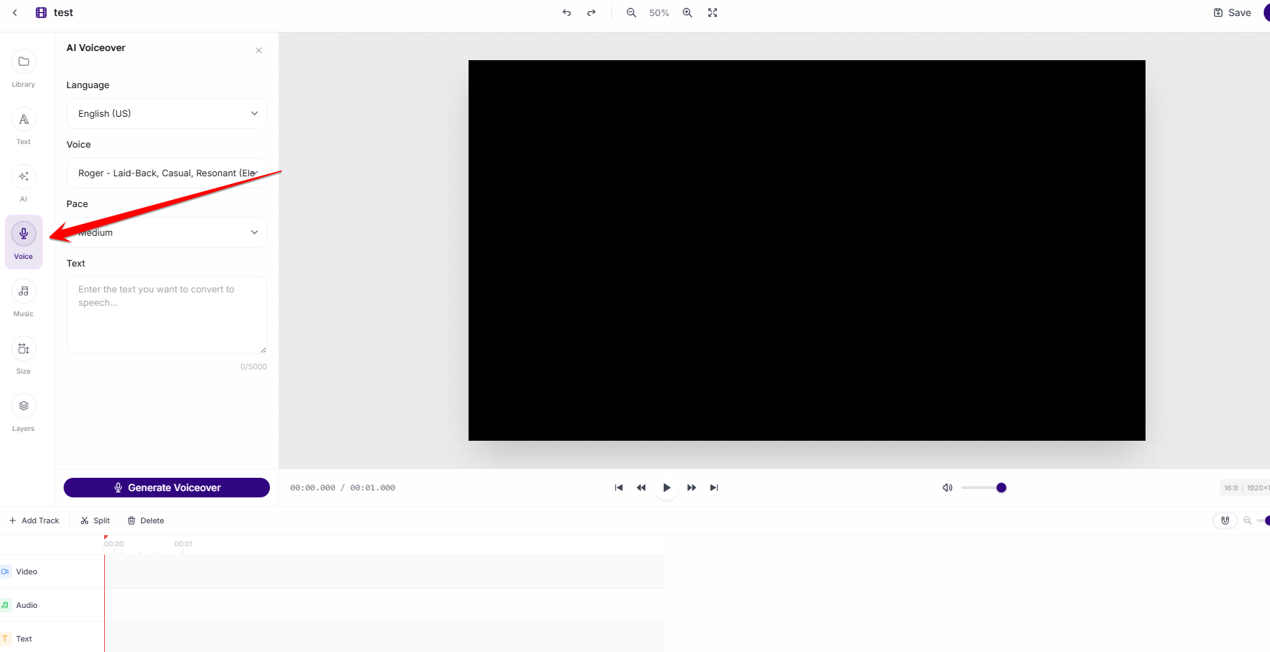 AmmarAI AI Video Editor voiceover panel with script, language and voice controls