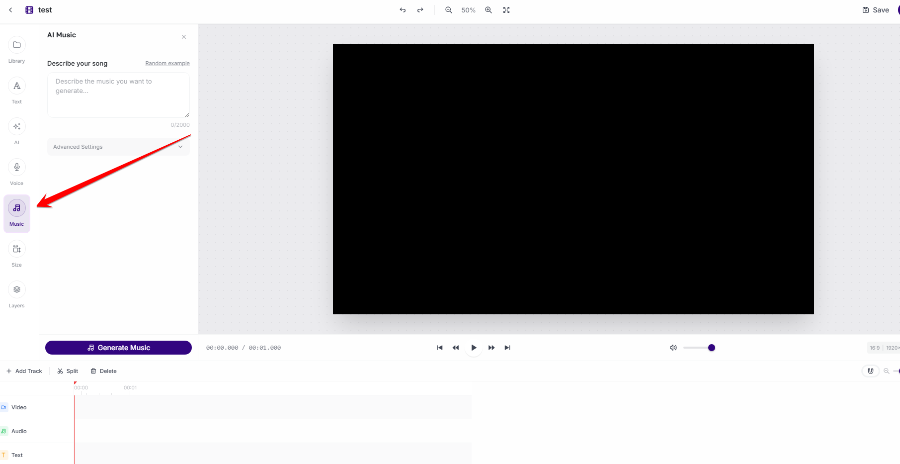 AmmarAI AI Video Editor music panel with a music description field