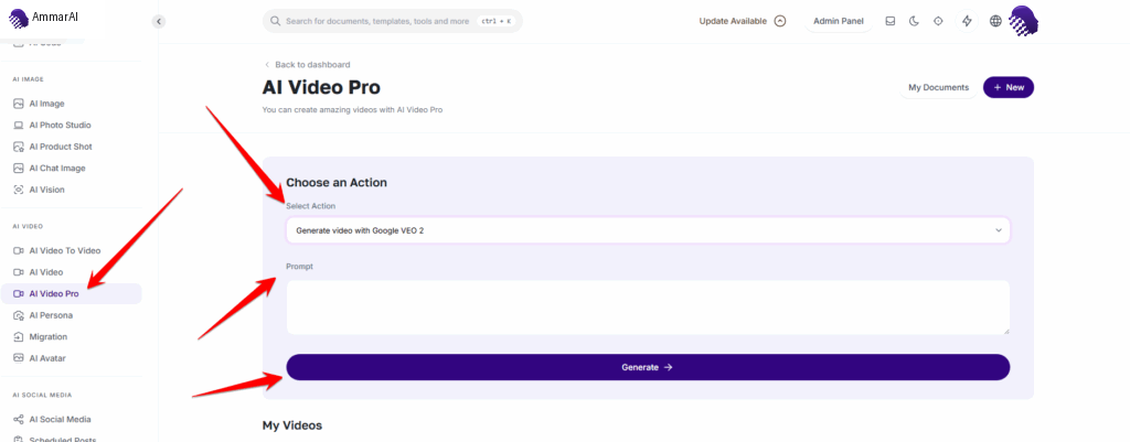 AmmarAI AI Video Pro with action, prompt and generate controls