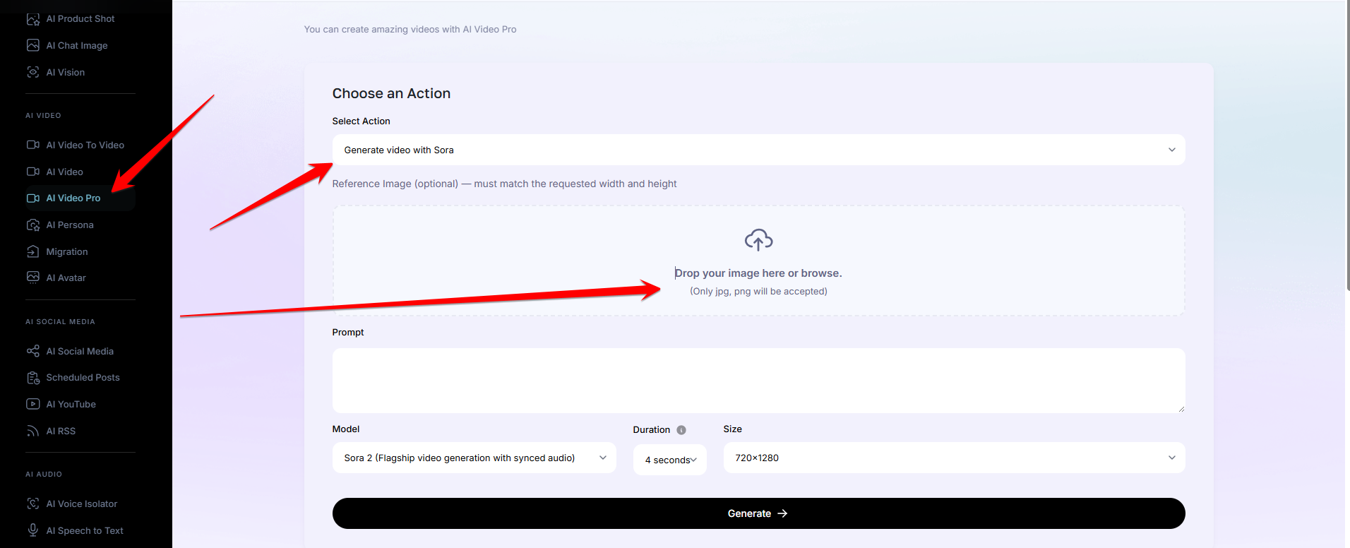 Reference image upload area in AmmarAI AI Video Pro