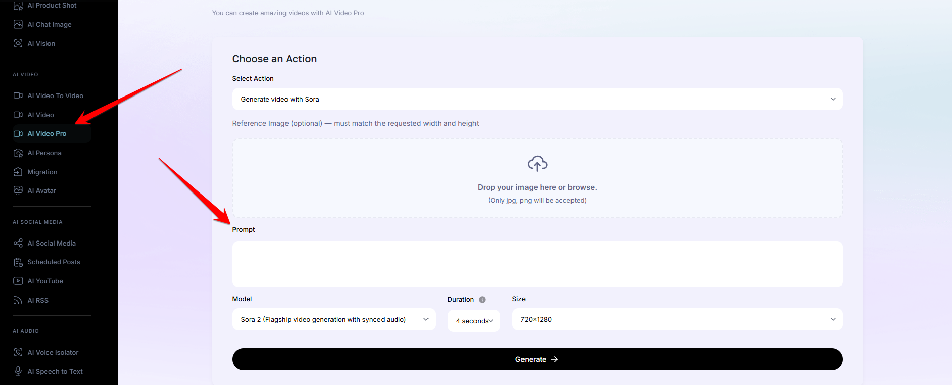 Prompt field in AmmarAI AI Video Pro