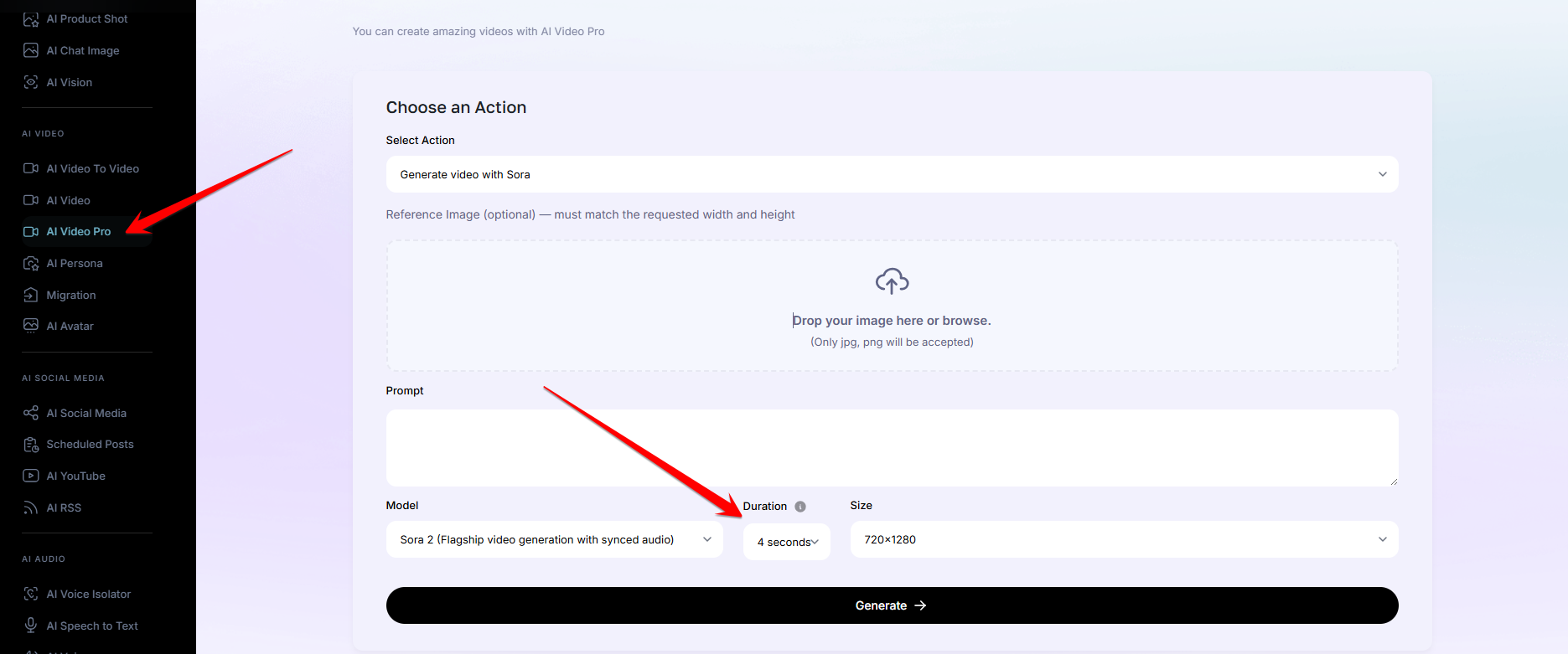 Duration selector in AmmarAI AI Video Pro