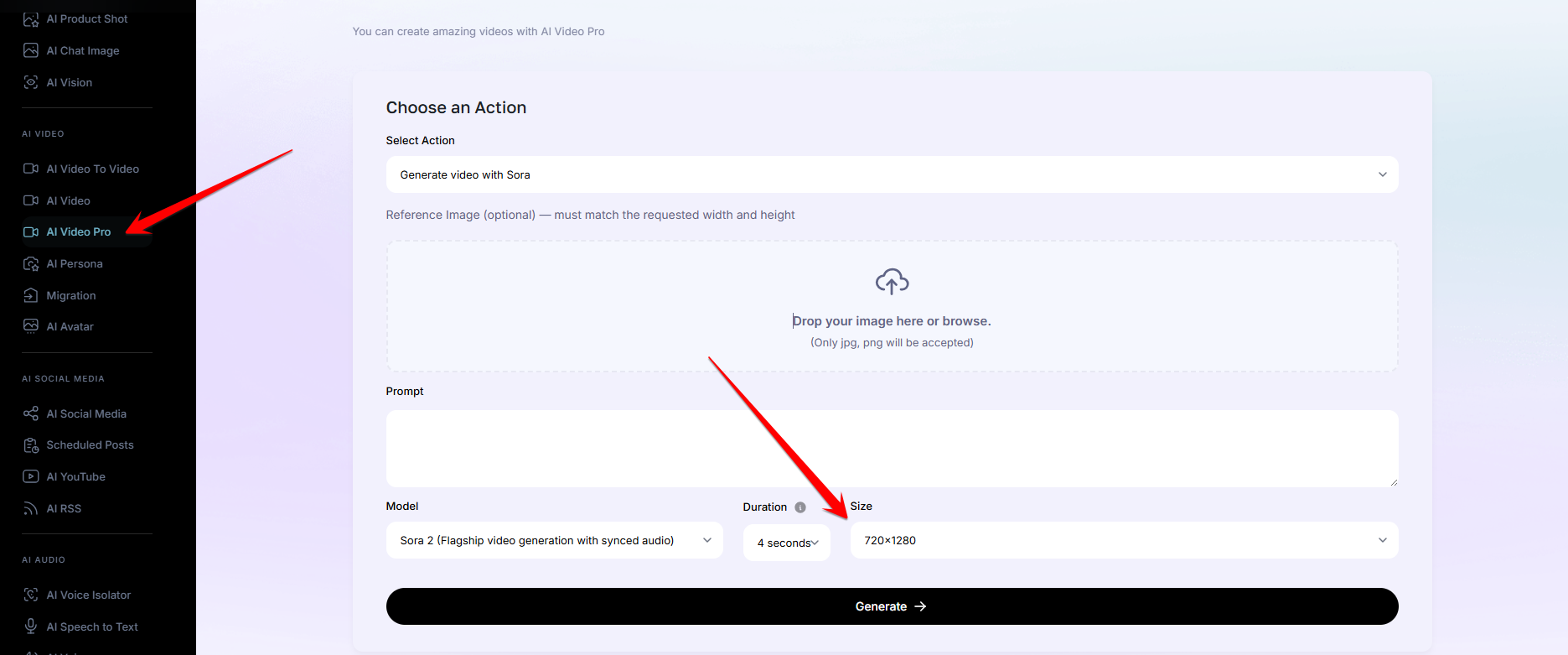 Output size selector and Generate button in AmmarAI AI Video Pro