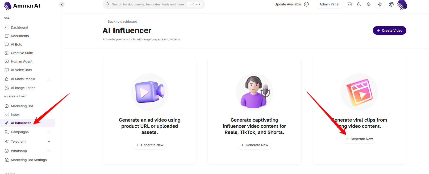 AmmarAI video workspace with the viral-clips option and Generate New action indicated