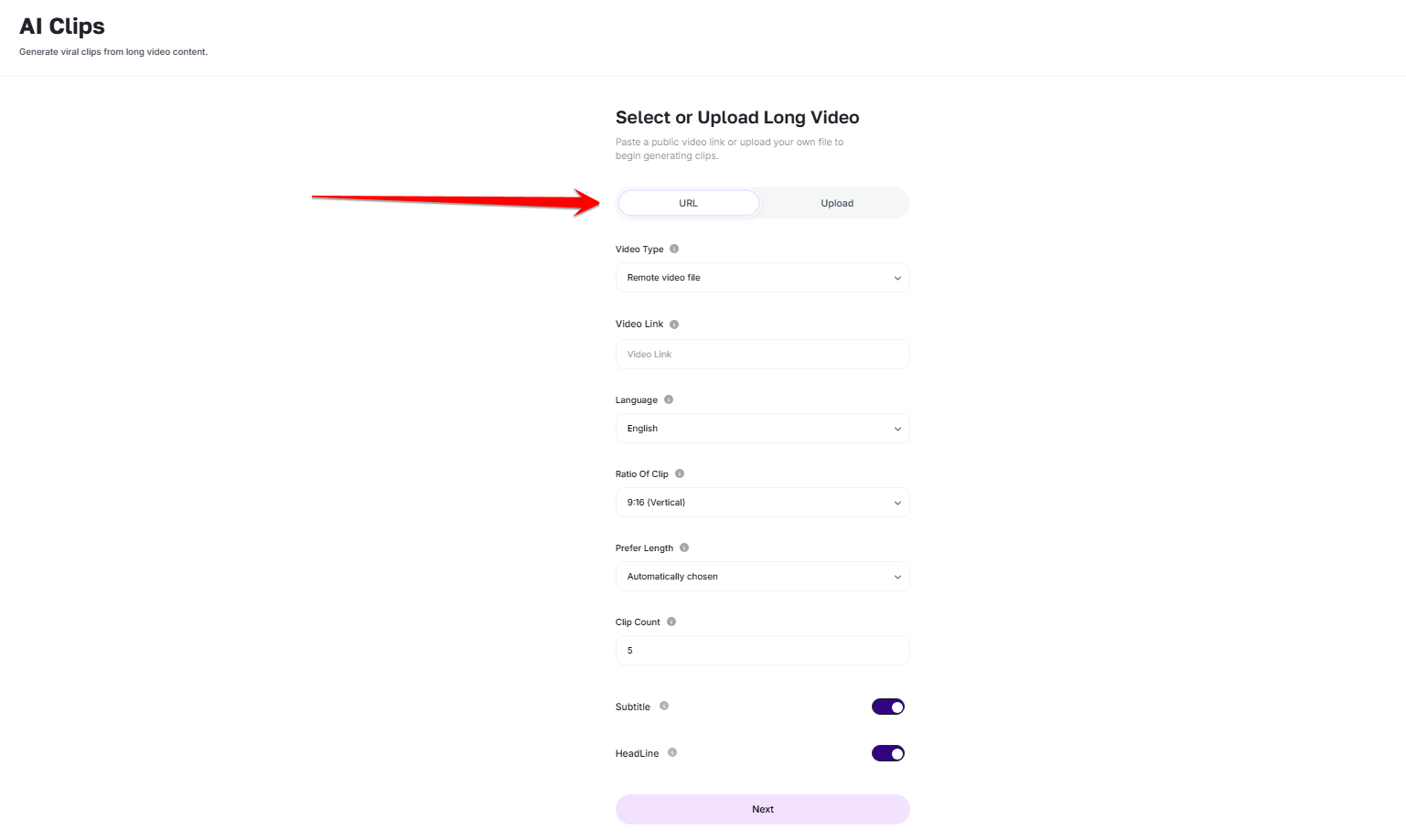 Viral Clips form for a source video URL and clip preferences