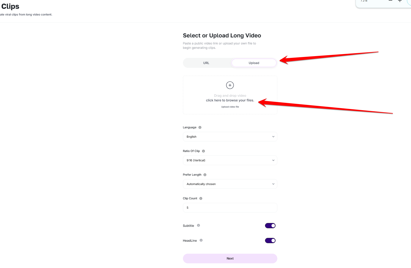 Viral Clips form showing the manual video upload option