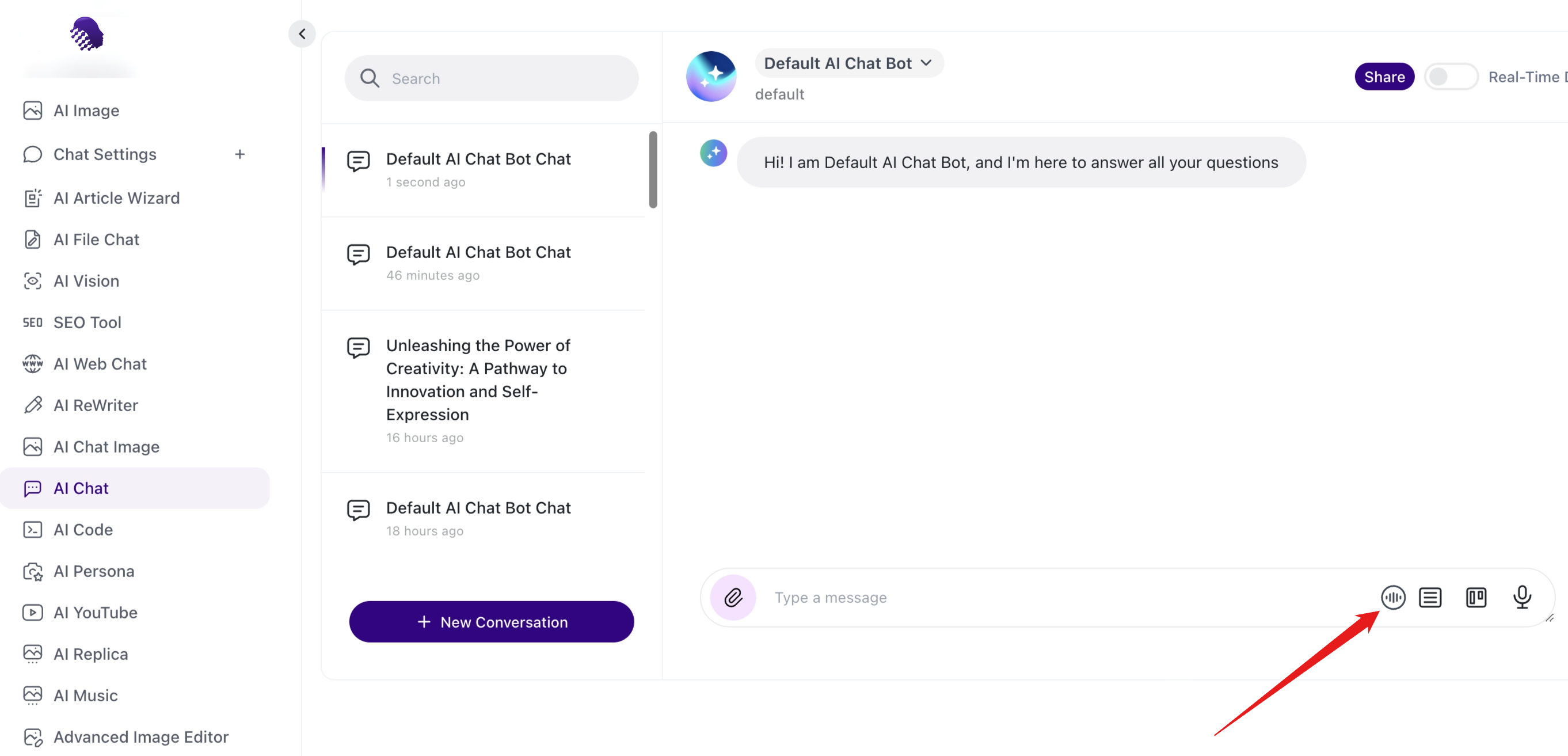 AmmarAI chat message bar with the real-time voice control highlighted