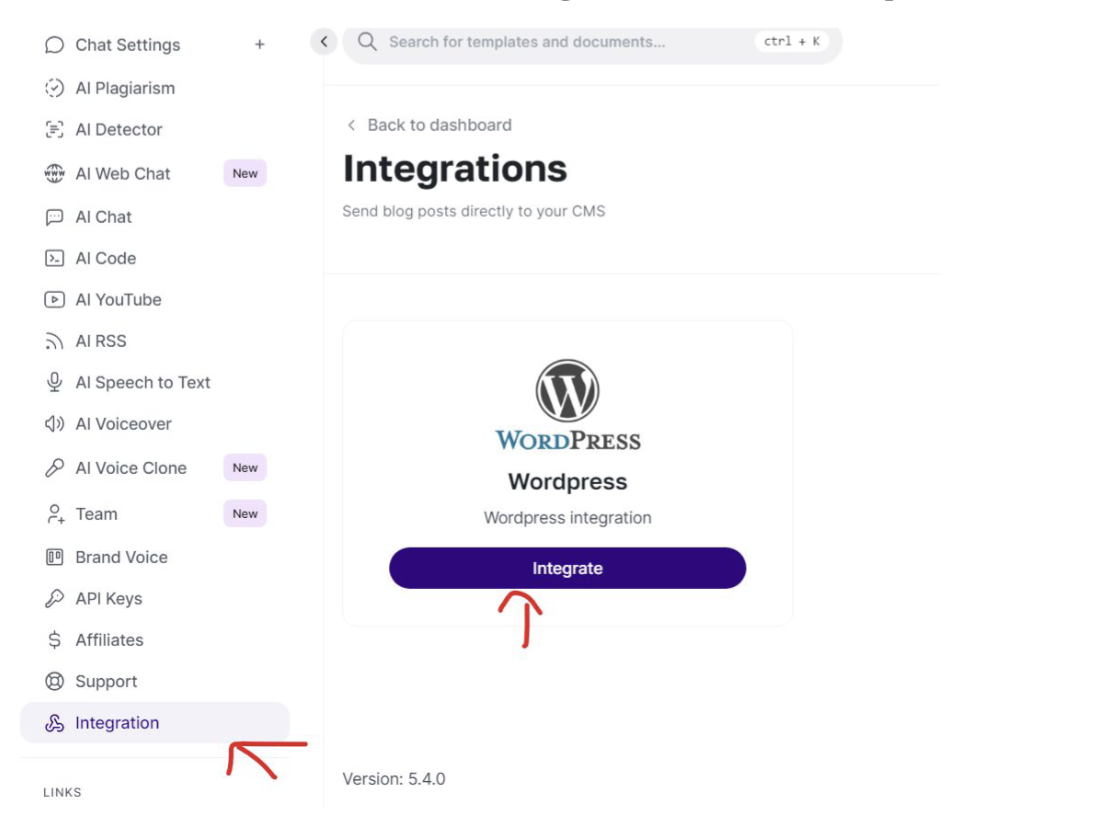 Integrations page showing a WordPress card with an Integrate button, with red arrows pointing at the Integration menu item and the button