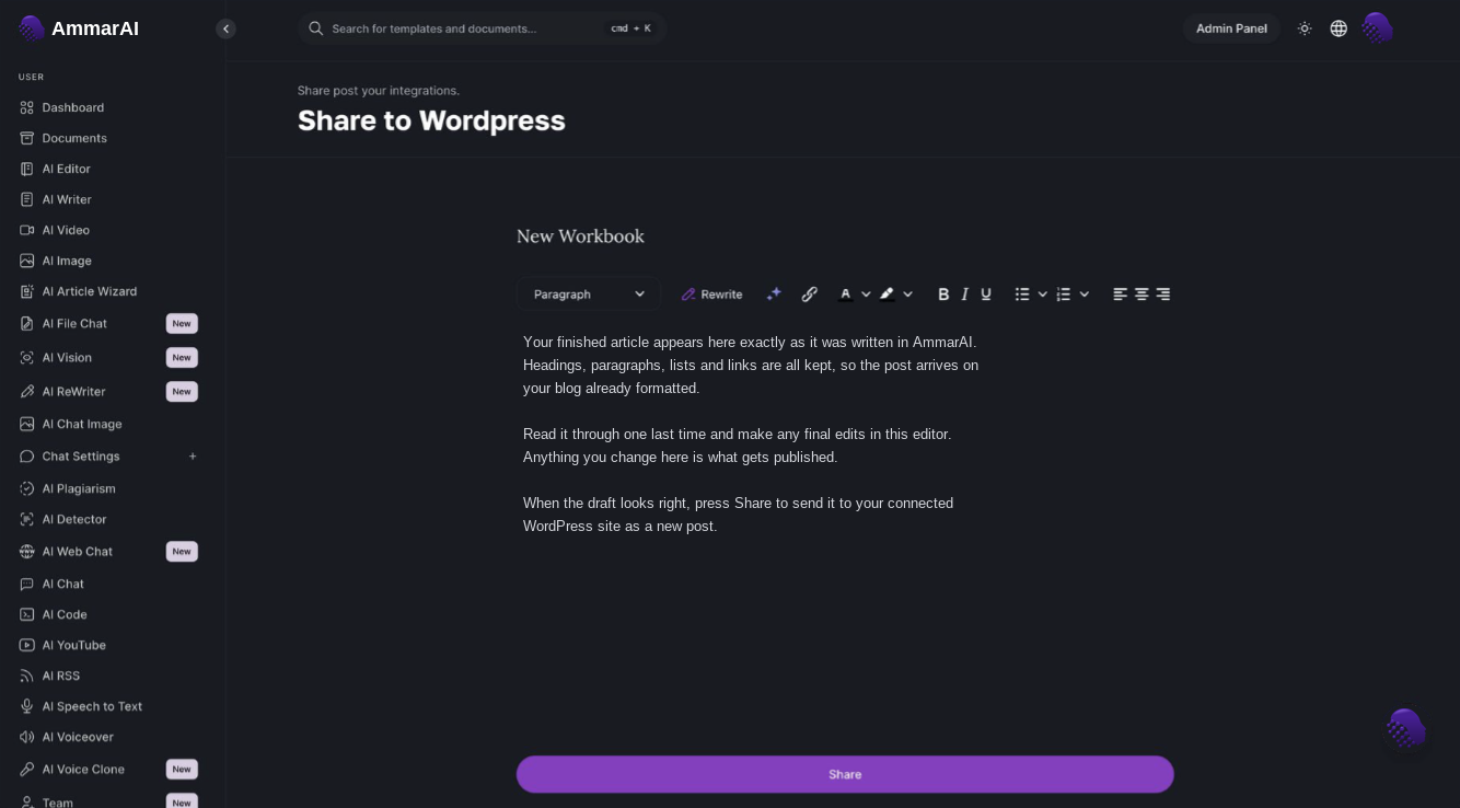 Share to WordPress screen showing the finished article in the editor with a Share button below it
